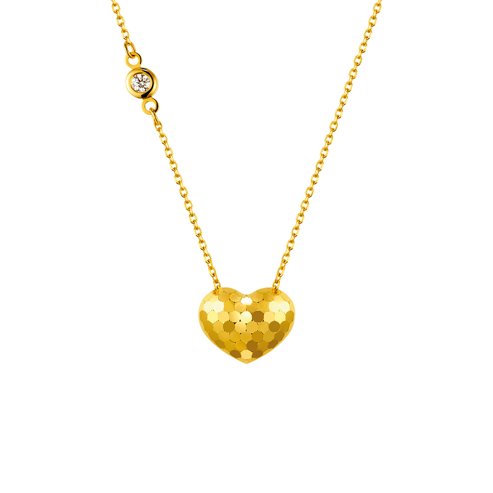 六福珠寶黃金頸鏈 - "閃愛悅動"心形黃金鑽石頸鏈