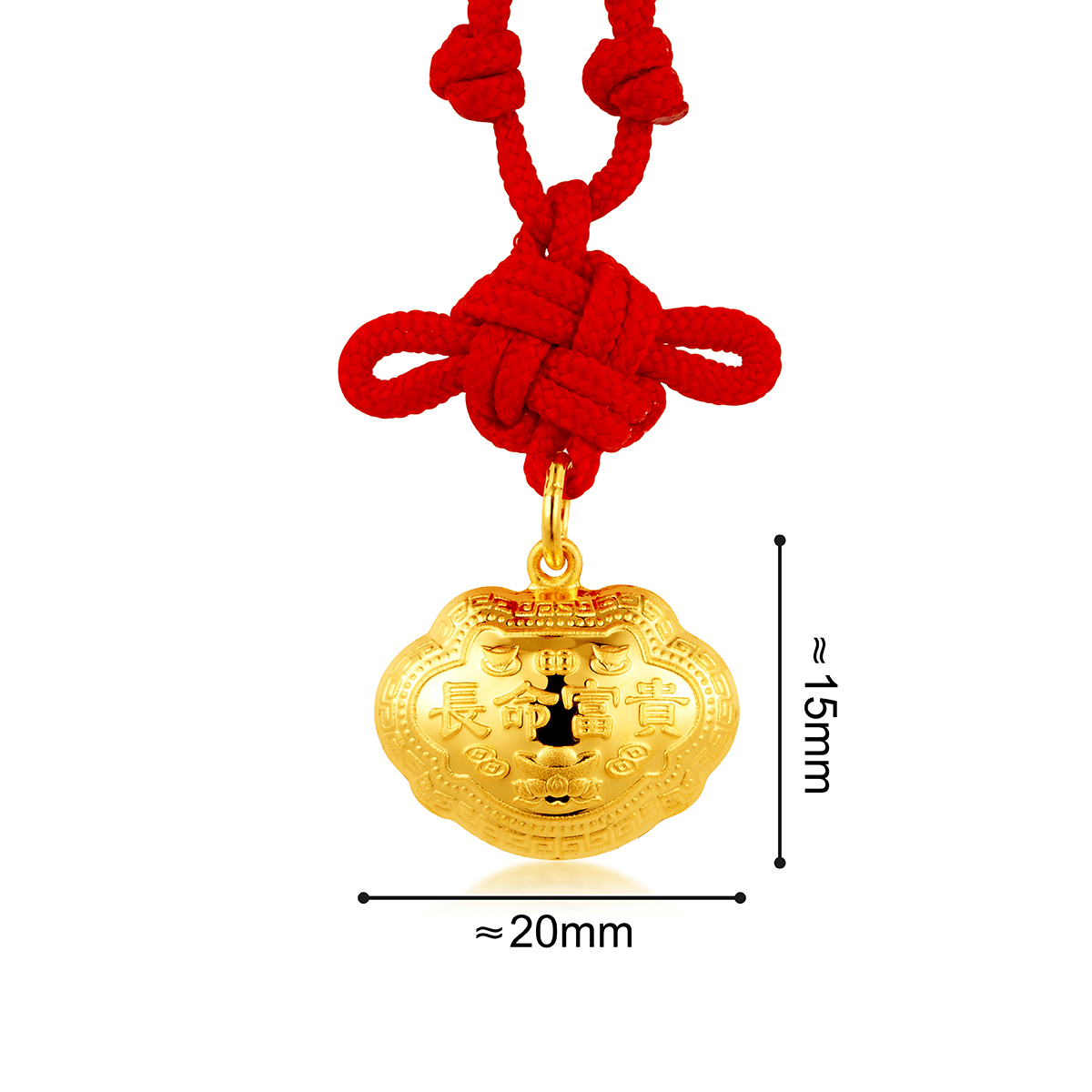 六福珠寶黃金吊墜 - "長命富貴"千足金鎖包連精美頸繩