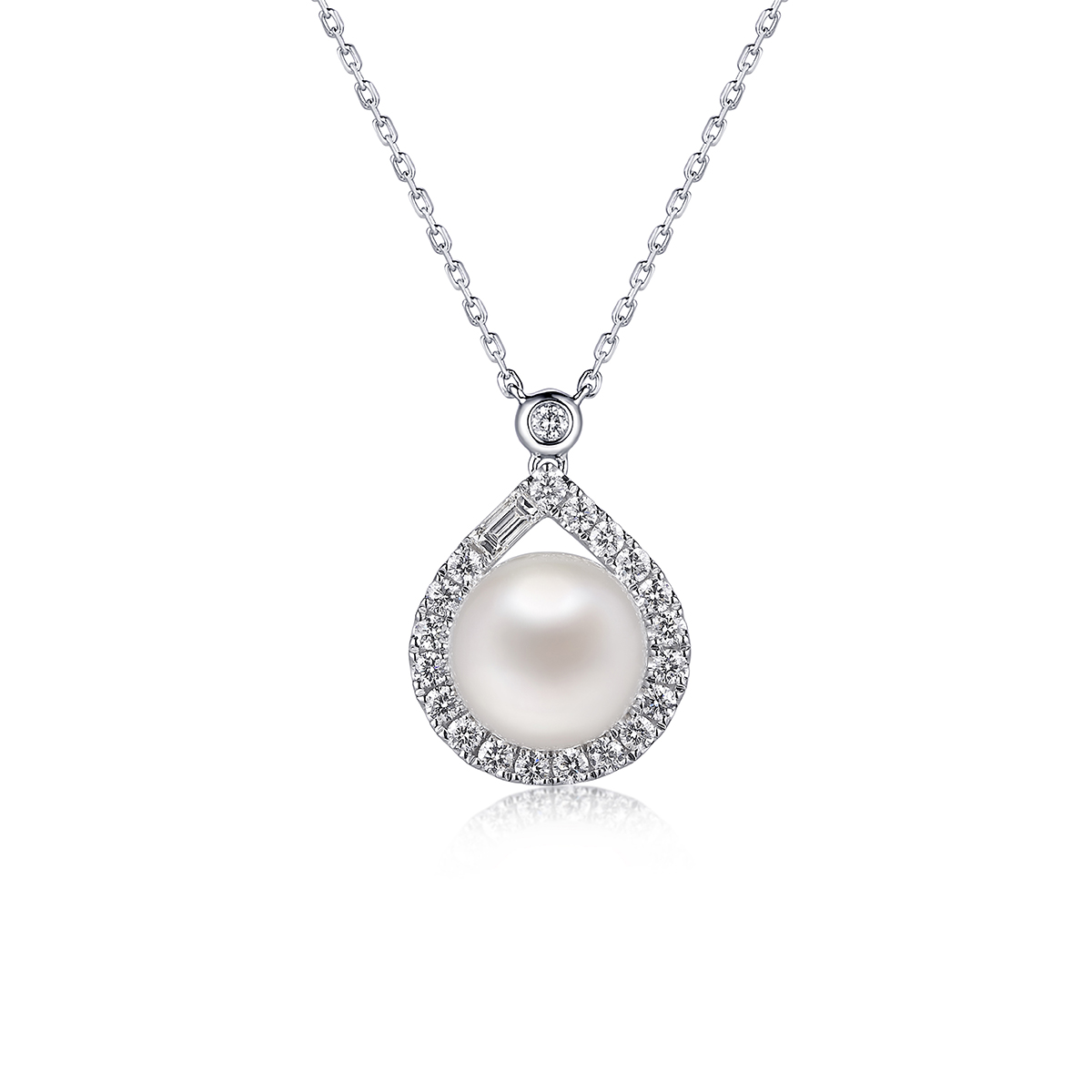 六福珠寶18K金頸鏈 - "溫柔如水"18K金(白色)水滴形珍珠鑽石頸鏈