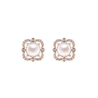 六福珠寶18K金耳環 - "摩登復古"18K金珍珠鑽石耳環–多色選擇