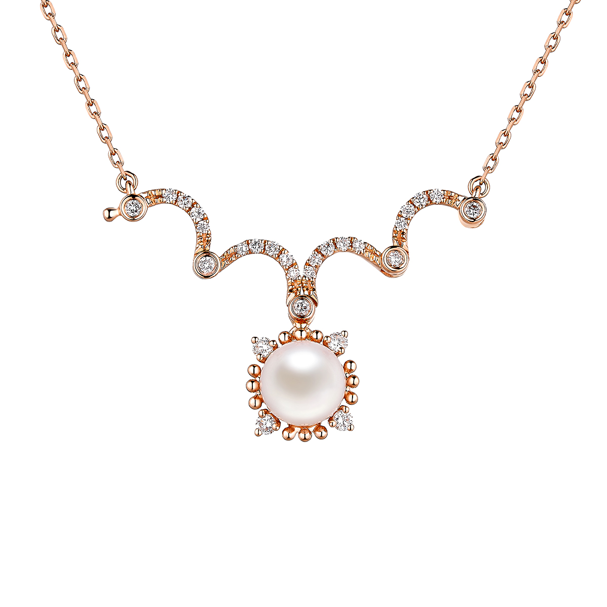 六福珠寶18K金頸鏈 - "摩登復古"18K金珍珠鑽石頸鏈–多色選擇(一款兩戴)